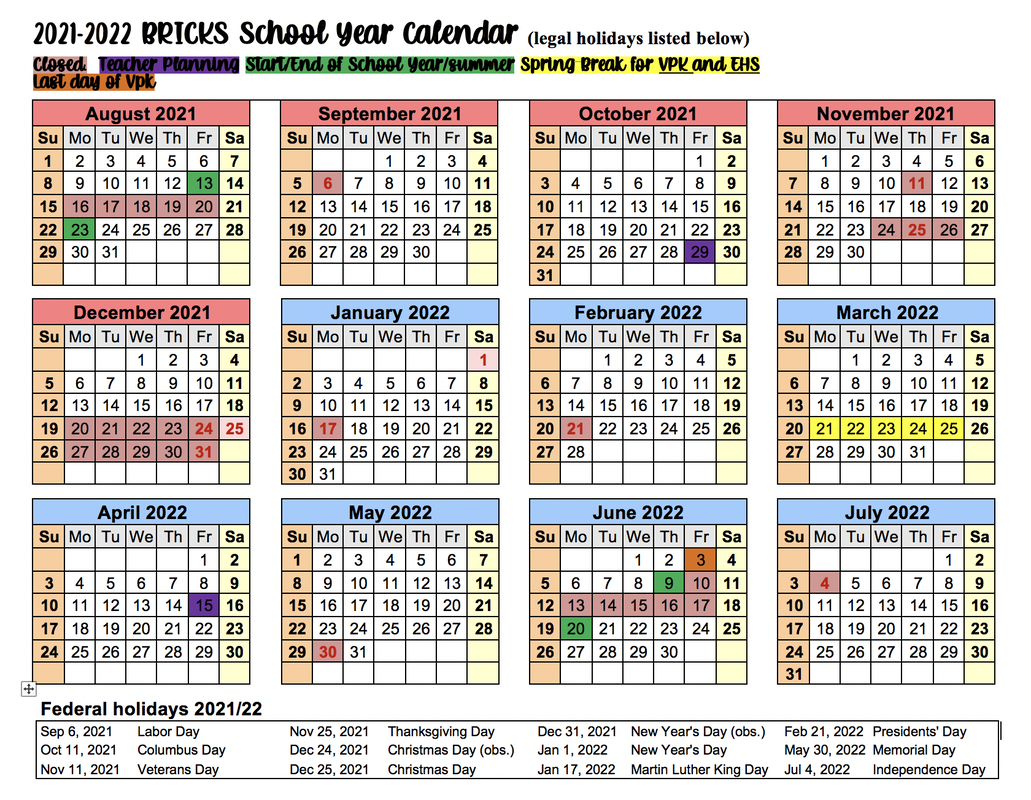 School Year Calendar - BRICKS Early Learning Center